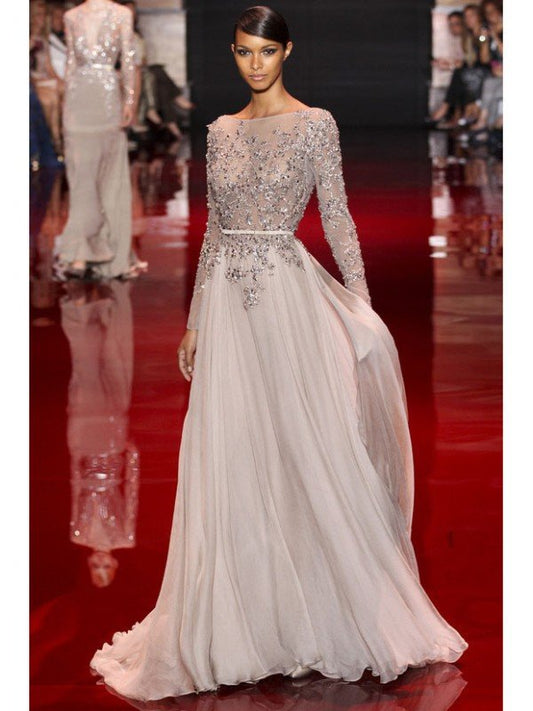 Vestidos de fiesta elegantes de gasa con cuello alto, mangas largas y apliques