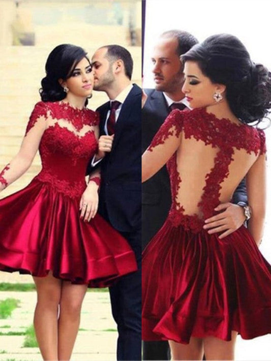 Vestidos de fiesta cortos/mini de satén con cuello alto, elegantes y mangas largas