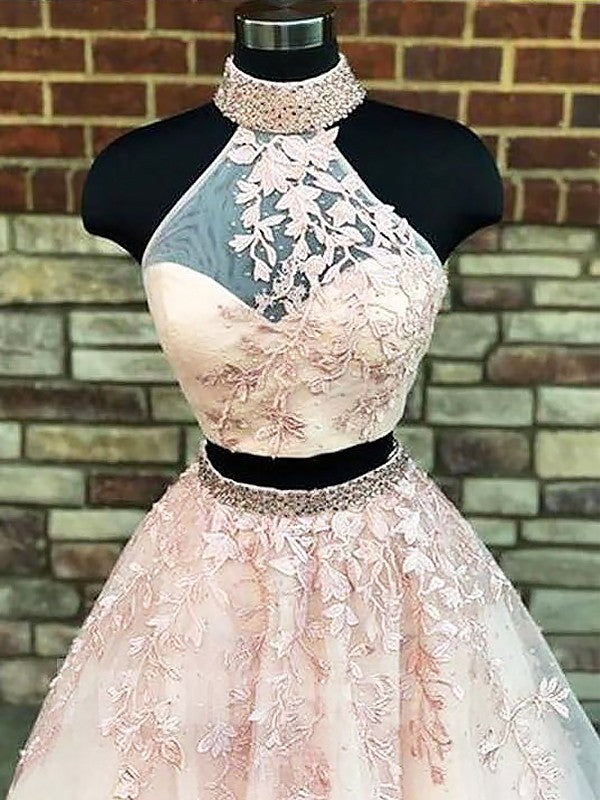 Vestido de fiesta elegante de dos piezas con escote alto, sin mangas, apliques de tul y corte A