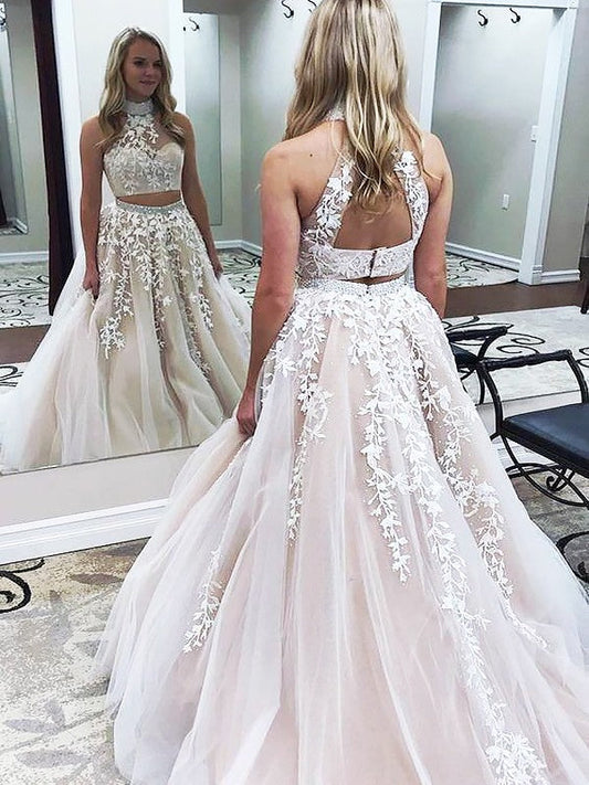 Vestido de fiesta elegante de dos piezas con escote alto, sin mangas, apliques de tul y corte A