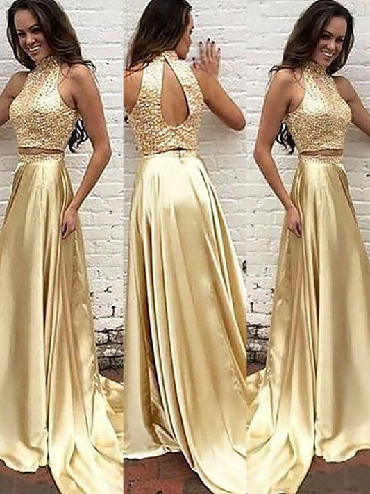 Elegante vestido de fiesta de dos piezas de satén con cuentas, sin mangas y cuello alto, corte A