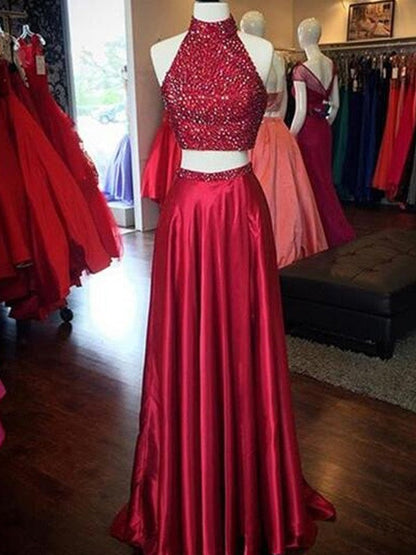 Vestidos de fiesta elegantes de tafetán satinado con efecto seda, sin mangas y cuello alto, corte A