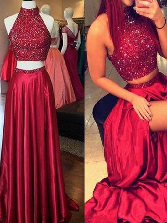 Vestidos de fiesta elegantes de tafetán satinado con efecto seda, sin mangas y cuello alto, corte A