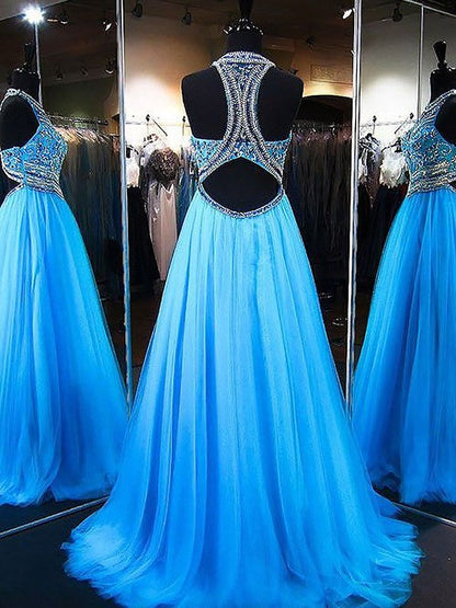 Vestidos de fiesta elegantes de tul con cuentas, sin mangas y joya, corte A