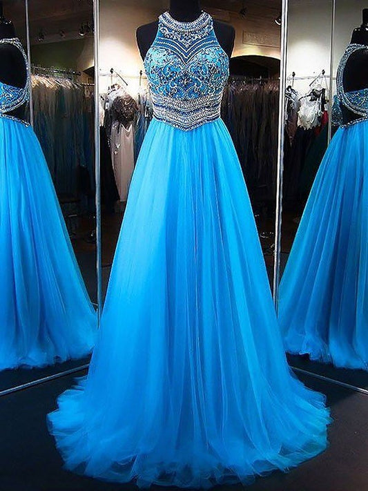 Vestidos de fiesta elegantes de tul con cuentas, sin mangas y joya, corte A