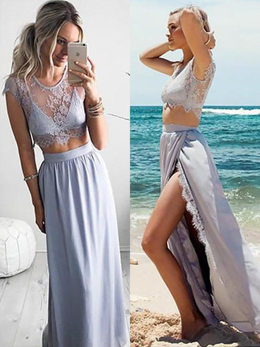 Elegante vestido de fiesta de dos piezas de satén, con escote joya, sin mangas y encaje hasta el suelo