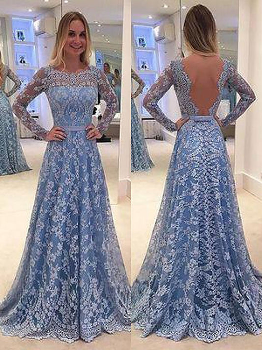 Vestidos de fiesta elegantes de corte A con mangas largas, encaje, largo hasta el suelo, escote barco y volantes