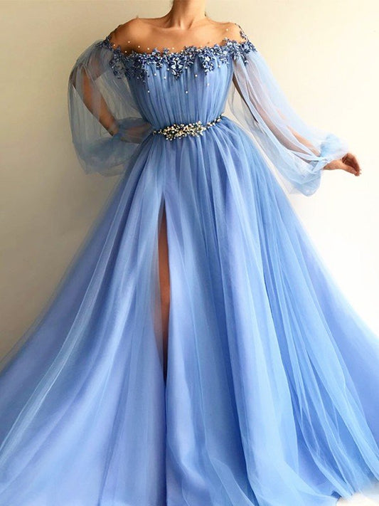 Vestidos de fiesta elegantes de corte A con mangas largas, hombros descubiertos, tul con cuentas y largo hasta el suelo