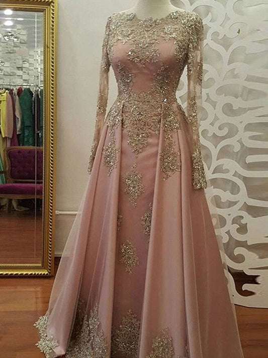 Vestidos de fiesta musulmanes elegantes de tul con apliques y mangas largas en forma de A hasta el suelo