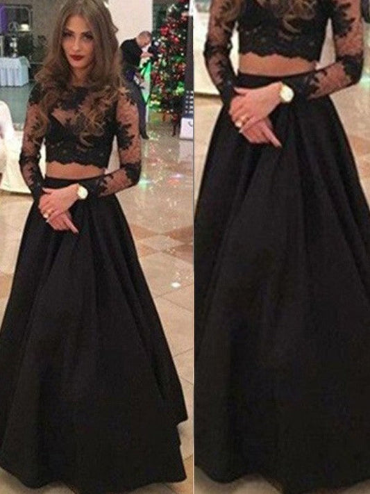 Vestidos de fiesta elegantes de encaje con escote redondo y mangas largas en forma de A