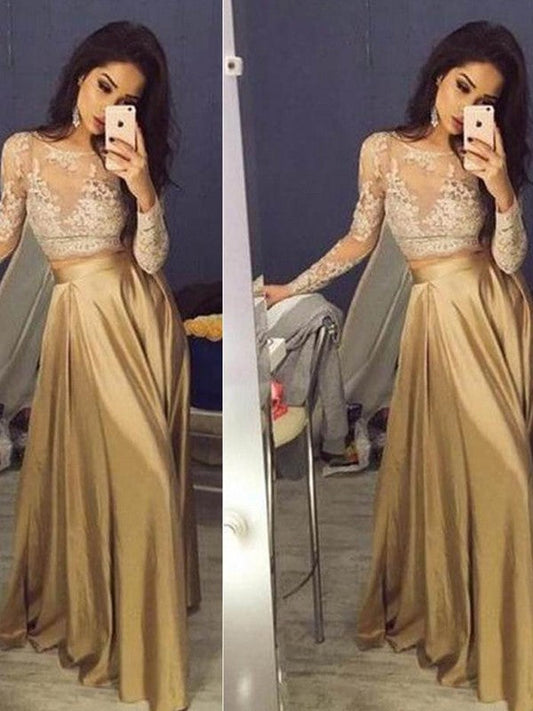 Vestido de fiesta elegante de dos piezas con escote en A, mangas largas, apliques de tafetán y largo hasta el suelo