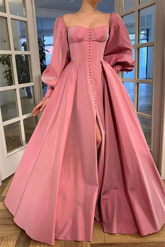 Vestidos de fiesta elegantes de satén con volantes cuadrados, mangas largas y corte A hasta el suelo