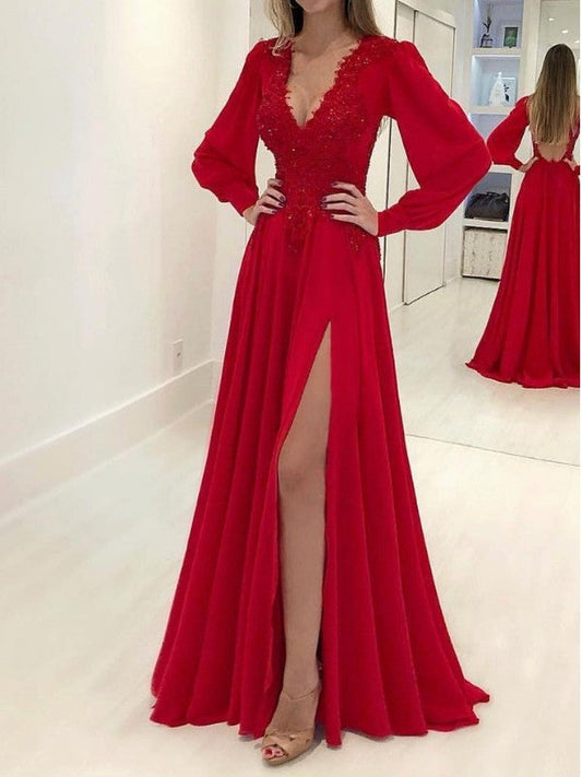 Vestidos de fiesta elegantes de gasa con escote en V, mangas largas y corte A
