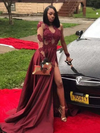Vestidos de fiesta elegantes de satén con escote en V, mangas largas y corte A