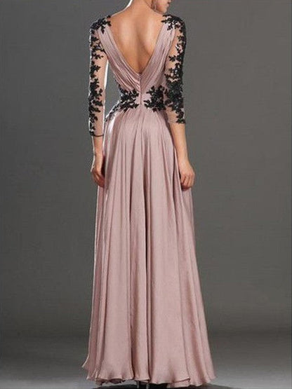 A-Linie/Elegant Lange Ärmel V-Ausschnitt Chiffon Applikationen Bodenlang Ballkleider