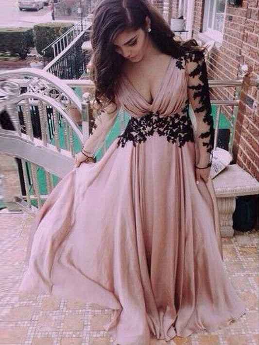 Vestidos de fiesta elegantes de corte A/mangas largas, escote en V, gasa con apliques y largo hasta el suelo