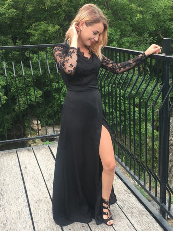 A-Linie/Elegant Lange Ärmel V-Ausschnitt Bodenlang Spitze Chiffon Applikationen Ballkleider