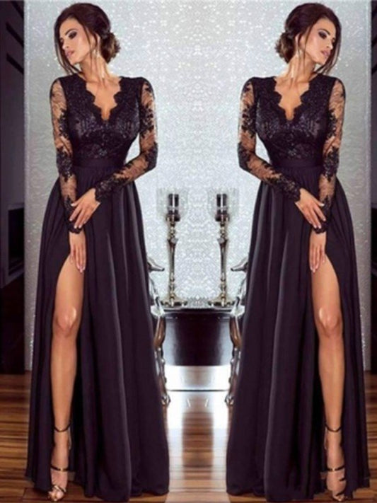 Vestidos de fiesta elegantes de corte A/mangas largas, escote en V, largo hasta el suelo, con encaje y apliques de gasa