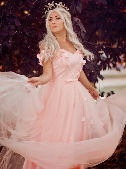 Elegante vestido de fiesta de corte A con hombros descubiertos, apliques de tul, sin mangas y largo hasta el suelo