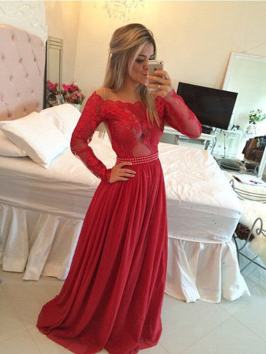 Vestidos de fiesta elegantes de gasa con apliques y hombros descubiertos en corte A