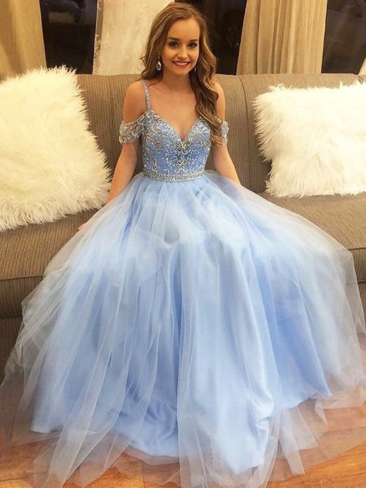 Elegante vestido de fiesta de tul sin mangas con hombros descubiertos y cuentas, corte A