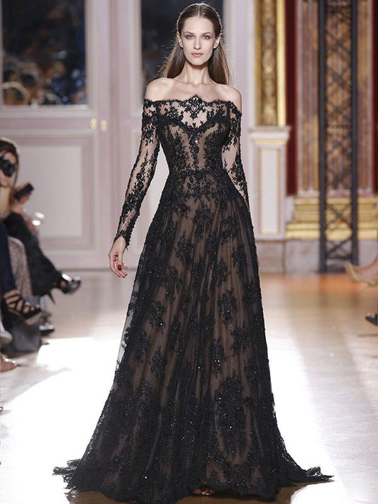 Vestidos de fiesta elegantes de encaje con mangas largas y hombros descubiertos en forma de A