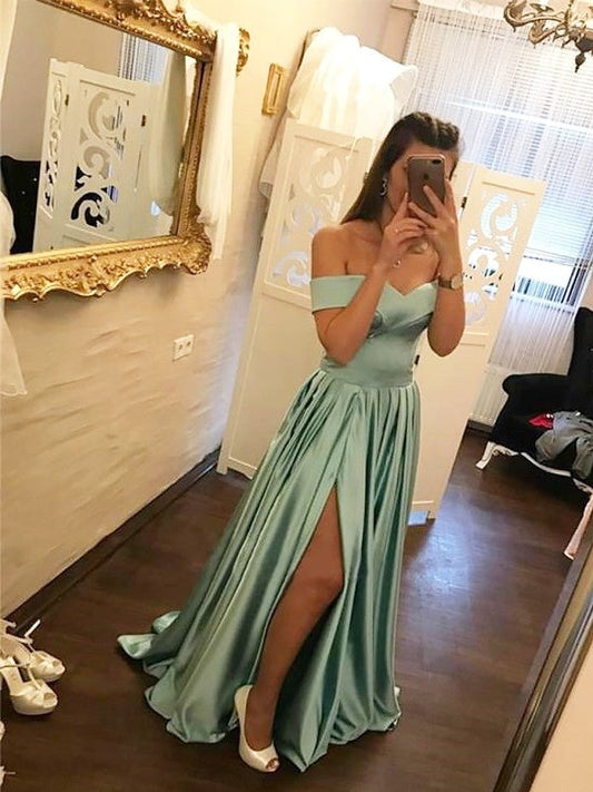 Vestidos de fiesta elegantes de satén con volantes y hombros descubiertos en forma de A
