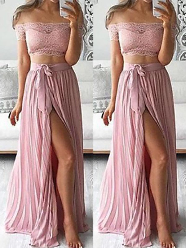 Elegante vestido de fiesta de dos piezas de gasa, sin mangas, con hombros descubiertos y encaje hasta el suelo