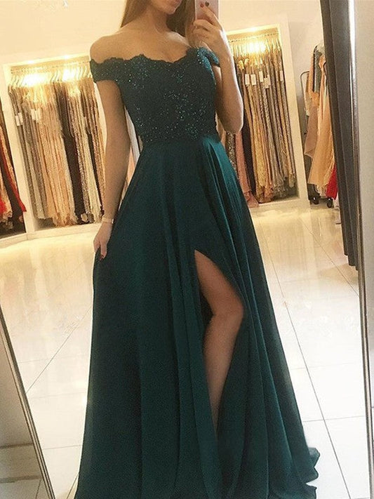 Elegante vestido de fiesta de gasa con cuentas, sin mangas, hasta el suelo y hombros descubiertos