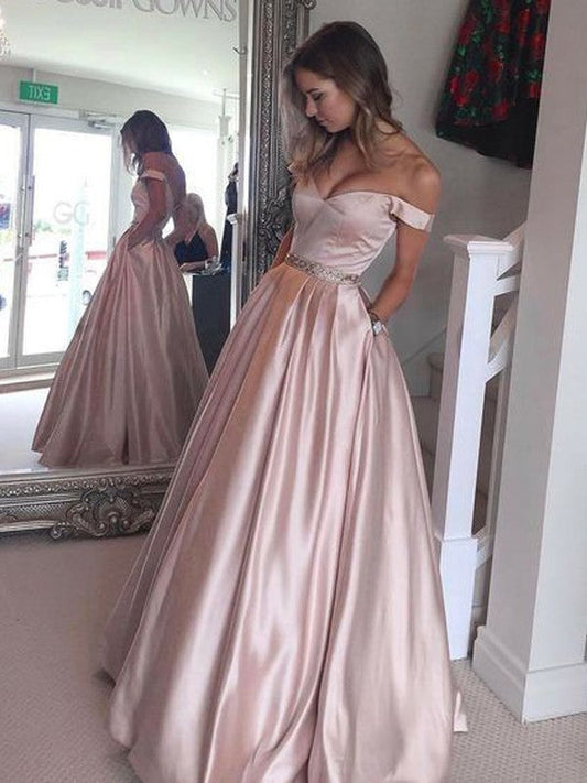 Vestidos de fiesta elegantes de satén, de corte A, sin mangas, con hombros descubiertos y largo hasta el suelo