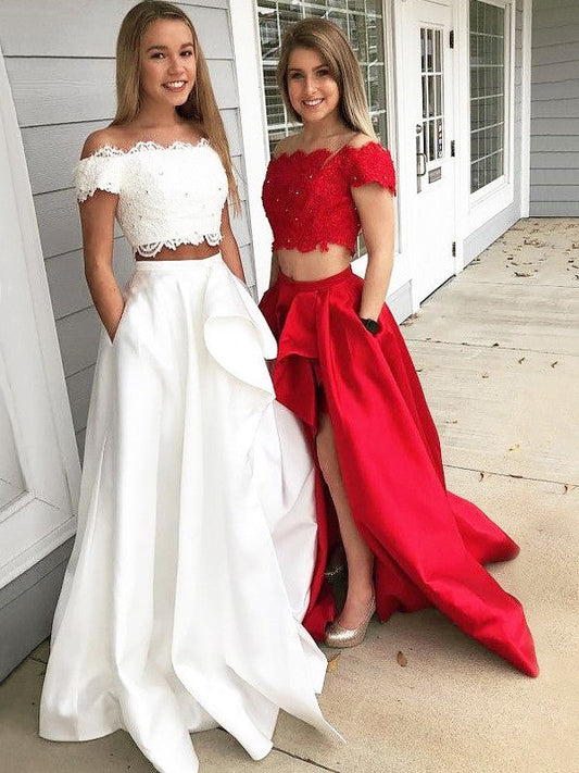 Elegante vestido de fiesta de dos piezas de satén con encaje, sin mangas y hombros descubiertos