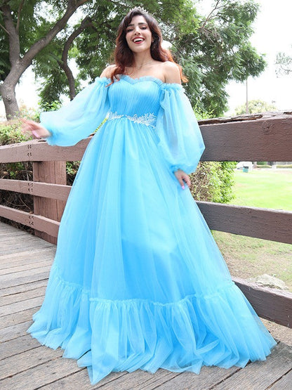 A-Linie/Elegant Off-the-Shoulder Tüll Applikationen Lange Ärmel Bodenlang Ballkleider