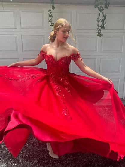 A-Linie/Elegant Off-the-Shoulder Tüll Applikationen Ärmellos Bodenlang Ballkleider
