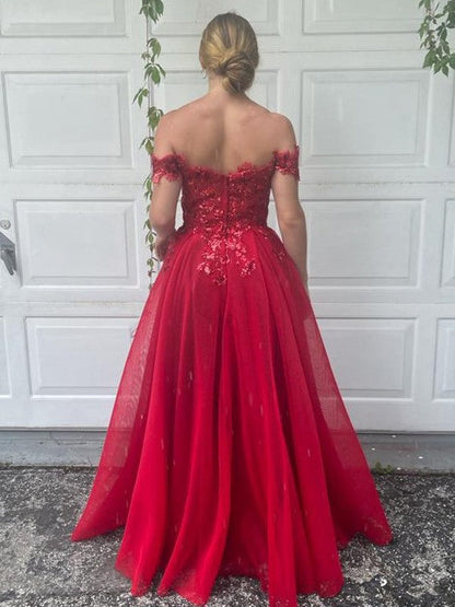A-Linie/Elegant Off-the-Shoulder Tüll Applikationen Ärmellos Bodenlang Ballkleider