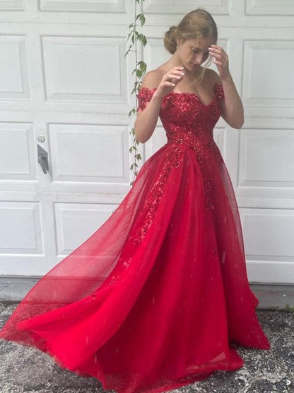 A-Linie/Elegant Off-the-Shoulder Tüll Applikationen Ärmellos Bodenlang Ballkleider