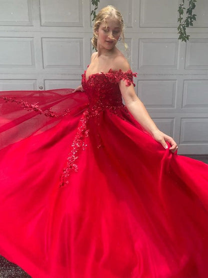 A-Linie/Elegant Off-the-Shoulder Tüll Applikationen Ärmellos Bodenlang Ballkleider