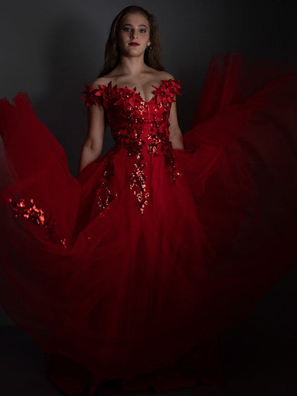 A-Linie/Elegant Off-the-Shoulder Tüll Applikationen Ärmellos Bodenlang Ballkleider