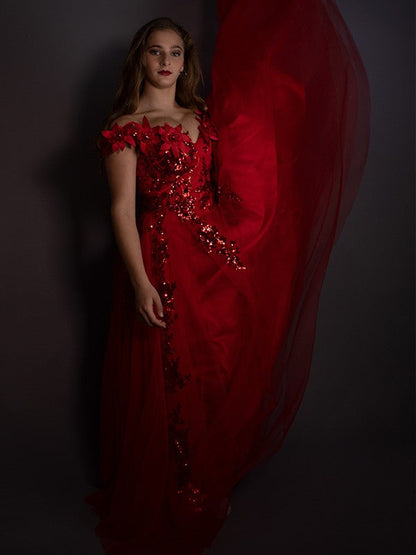A-Linie/Elegant Off-the-Shoulder Tüll Applikationen Ärmellos Bodenlang Ballkleider
