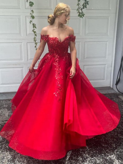 A-Linie/Elegant Off-the-Shoulder Tüll Applikationen Ärmellos Bodenlang Ballkleider