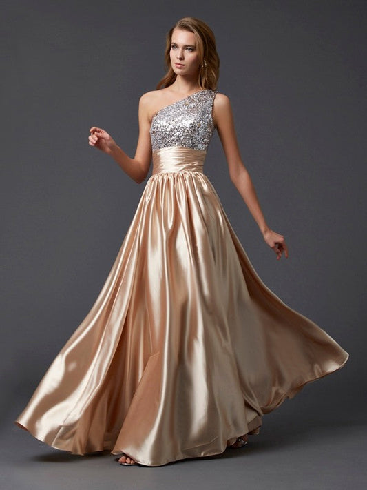 Elegante vestido de fiesta de satén elástico largo con lentejuelas, sin mangas, de un solo hombro y corte A