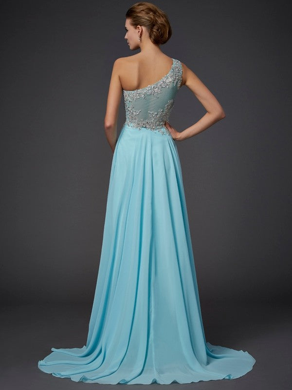 Elegante vestido de fiesta largo de gasa con volantes, sin mangas y un solo hombro
