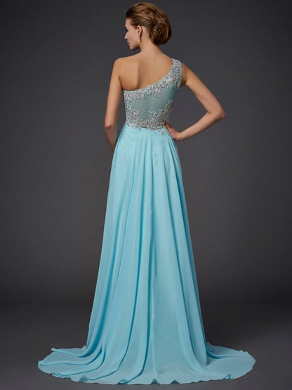 Elegante vestido de fiesta largo de gasa con volantes, sin mangas y un solo hombro