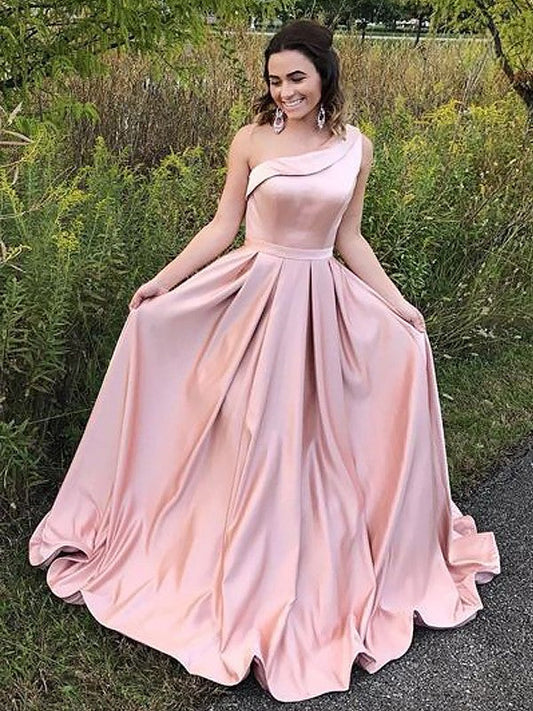 Vestidos de fiesta elegantes de satén con volantes, sin mangas y un solo hombro