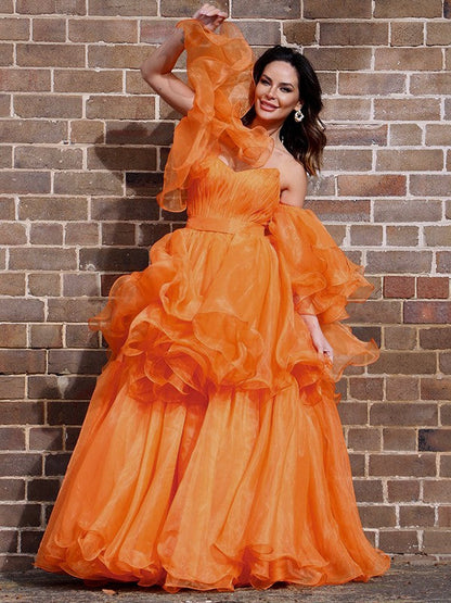 Vestidos de fiesta elegantes de organza con hombros descubiertos, mangas largas y largo hasta el suelo