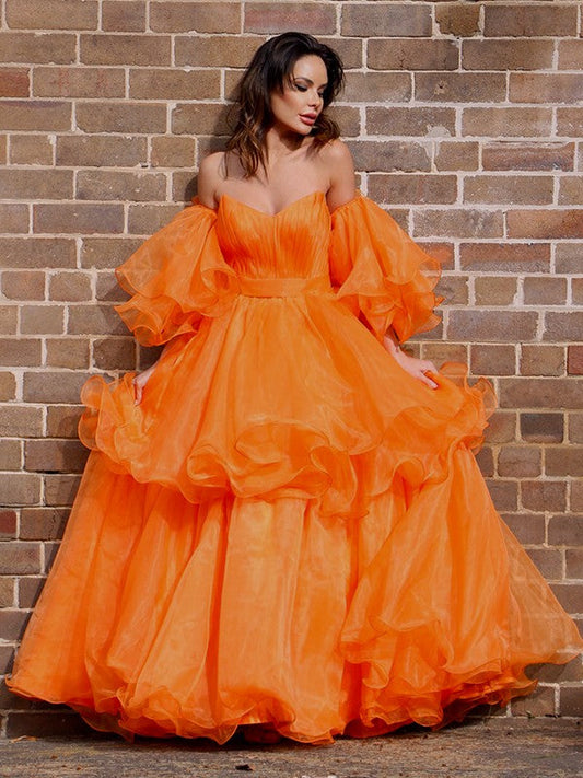 Vestidos de fiesta elegantes de organza con hombros descubiertos, mangas largas y largo hasta el suelo
