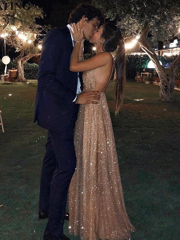 Vestidos de fiesta elegantes de corte A/tul con lentejuelas, escote en V, largo hasta el suelo, sin mangas