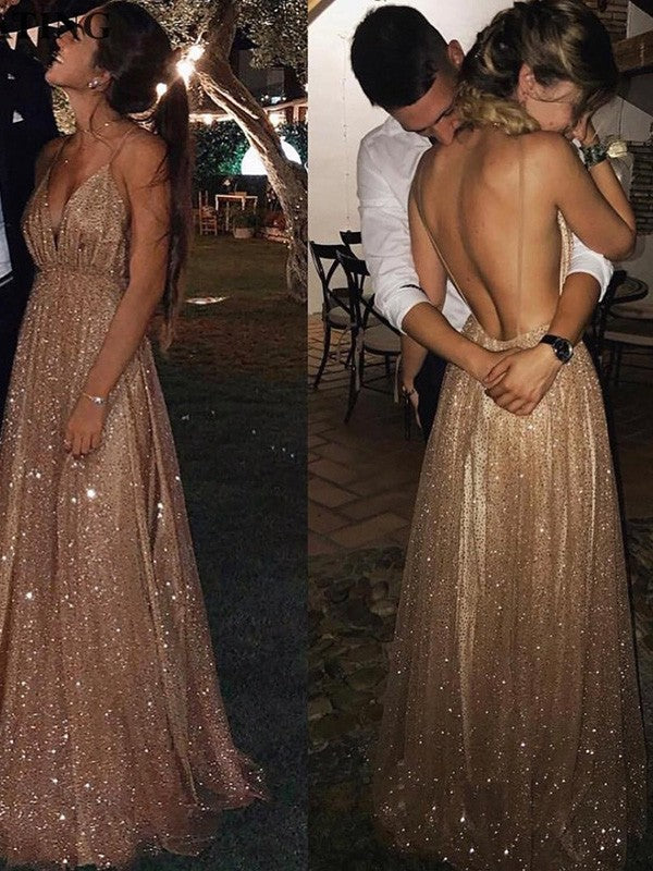 Vestidos de fiesta elegantes de corte A/tul con lentejuelas, escote en V, largo hasta el suelo, sin mangas