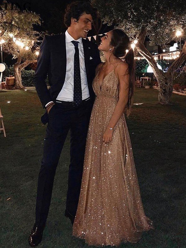 Vestidos de fiesta elegantes de corte A/tul con lentejuelas, escote en V, largo hasta el suelo, sin mangas