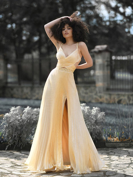 Vestidos de fiesta elegantes de satén con volantes, sin mangas y escote en V