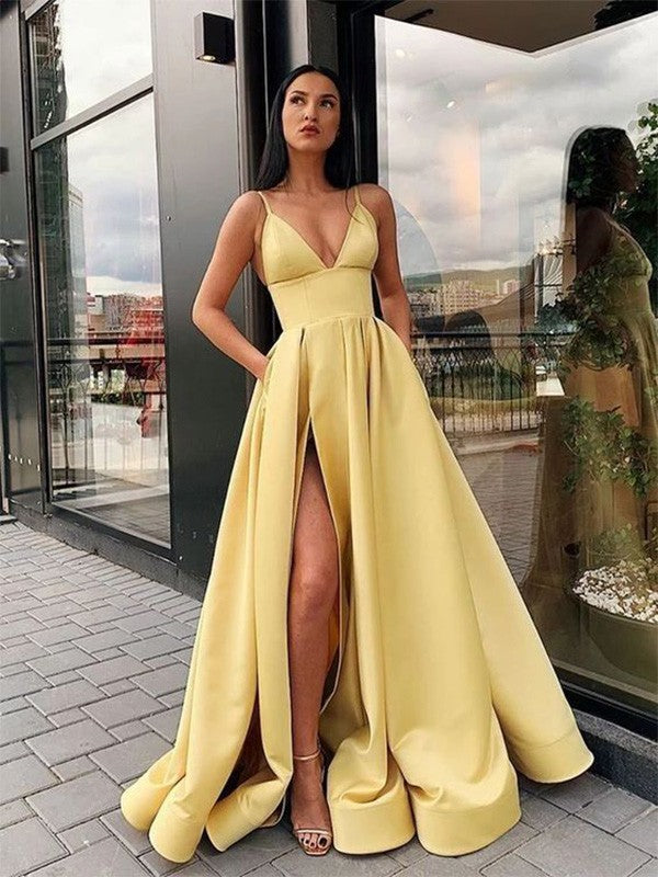Vestidos de fiesta elegantes de satén con volantes, tirantes finos, sin mangas y hasta el suelo